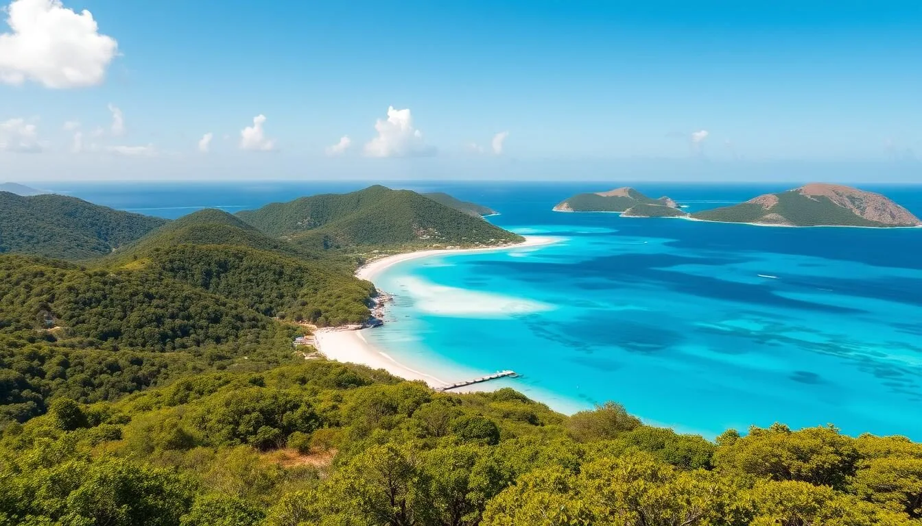 Aerial view of Magens Bay St. Thomas showing the crescent-shaped beach with turquoise waters and surrounding lush hills