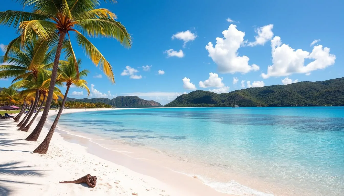 Aerial view of Maho Bay Beach St. John with turquoise waters and white sand