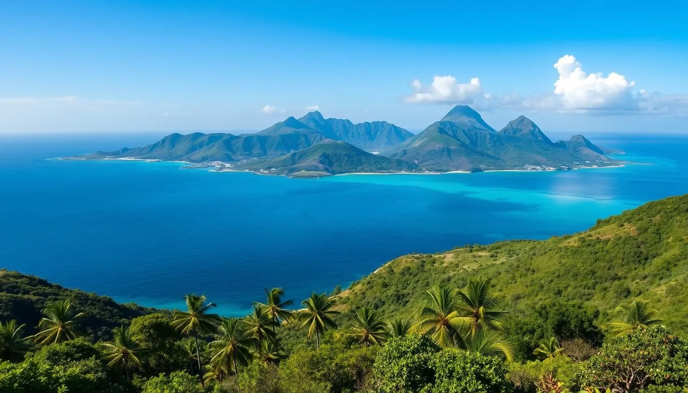 Aerial view of Micoud coastline showing the lush green landscape meeting the blue Caribbean Sea