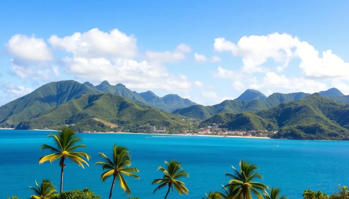 Aerial view of Newcastle, Nevis showing the lush green landscape and coastline with Newcastle Nevis things to do visible in the distance