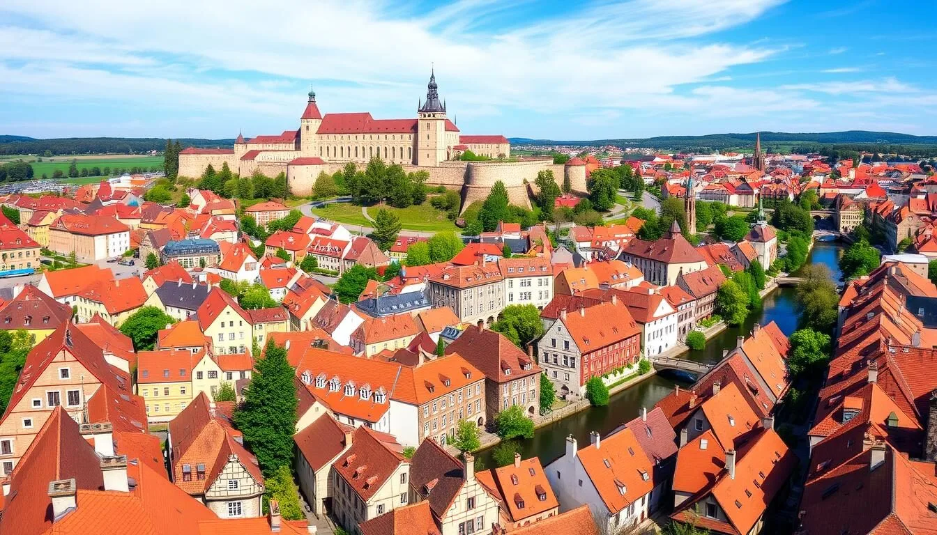 Aerial-view-of-Nuremberg-Old-Town-with-the-Imperial-Castle-on-the-hill-and-traditional Aerial view of Nuremberg Old Town with the Imperial Castle on the hill and traditional red-roofed buildings