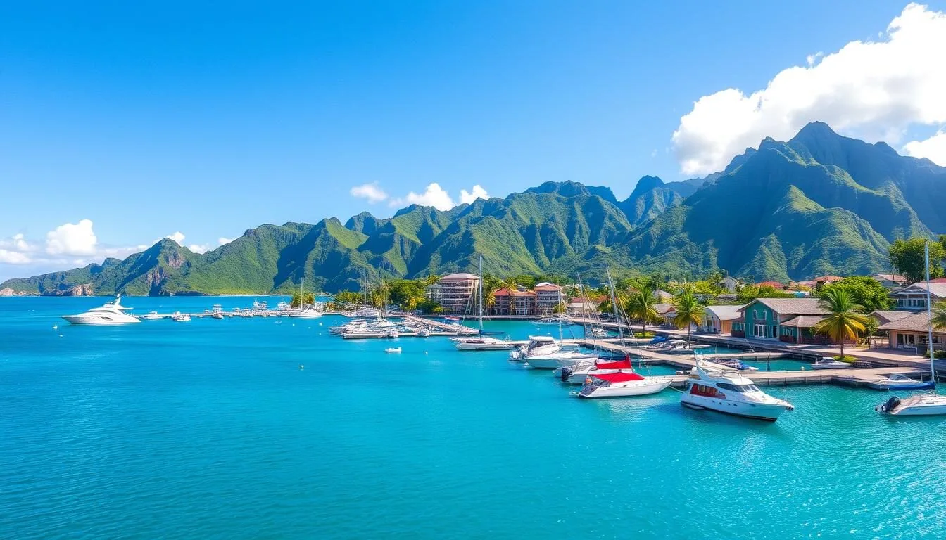 Aerial view of Papeete harbor with mountains in the background showing the best things to do in Papeete French Polynesia