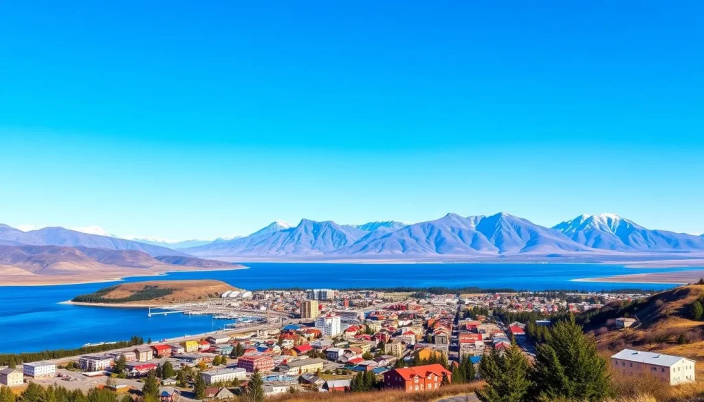 Aerial view of Petropavlovsk-Kamchatsky city with mountains and bay in background Aerial view of Petropavlovsk-Kamchatsky city with mountains and bay in background