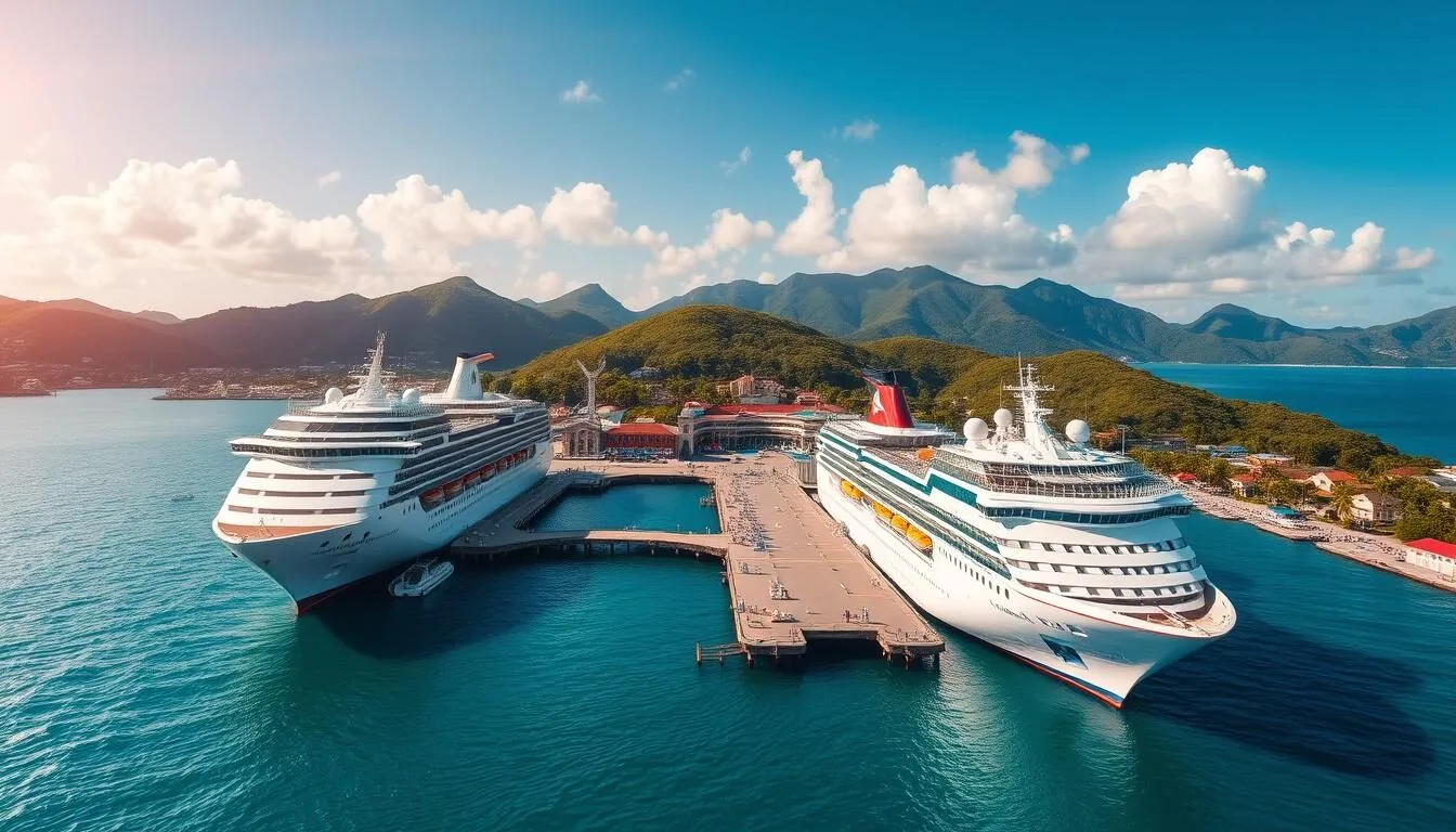 Aerial view of Port Zante cruise terminal with ships docked and the colorful buildings of Basseterre in the background