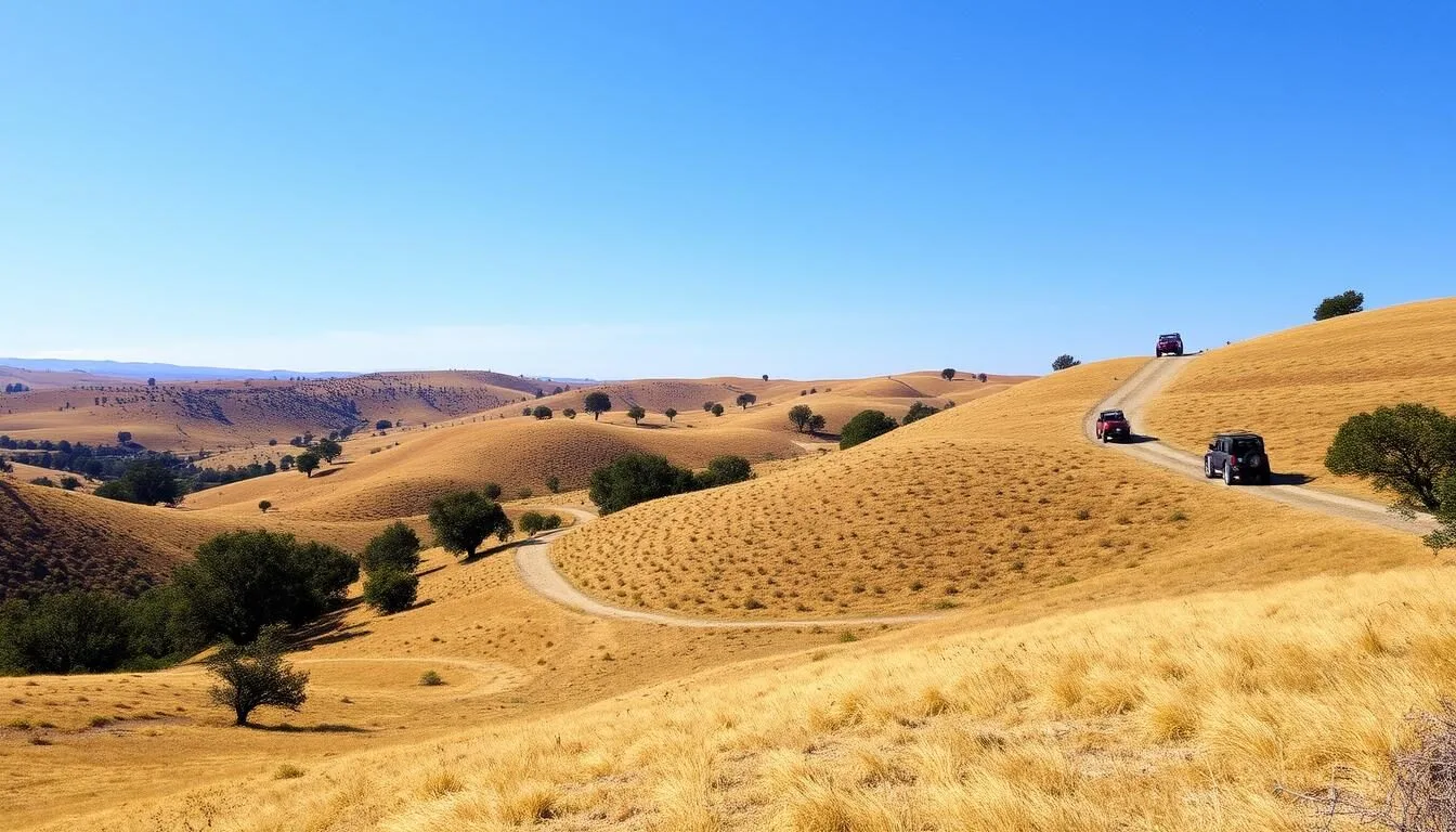 Aerial-view-of-Prairie-City-State-Vehicular-Recreation-Area-California-showing-diverse-terrain- Aerial view of Prairie City State Vehicular Recreation Area California showing diverse terrain with rolling hills and trails