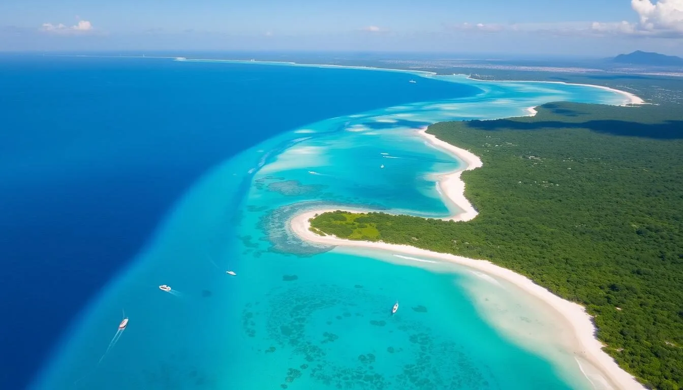 Aerial view of Sainte-Anne Martinique coastline with turquoise waters and white sand beaches