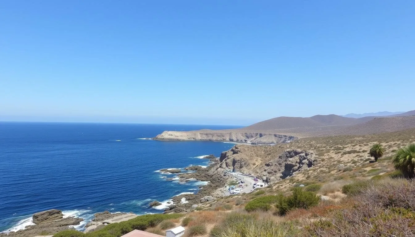 Aerial view of San Clemente Island's coastline showing its rugged terrain and pristine beaches with the Pacific Ocean surrounding it