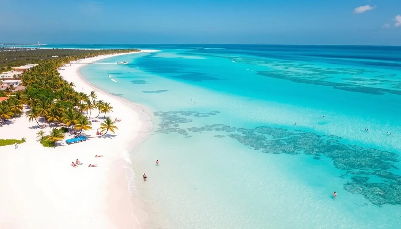 Aerial view of Seven Mile Beach Grand Cayman showing the long stretch of white sand and turquoise waters