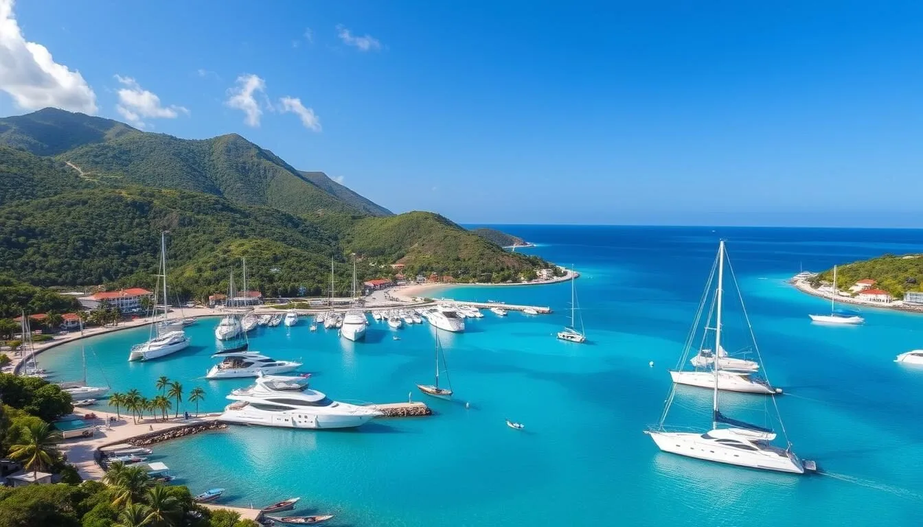 Aerial view of Simpson Bay Lagoon with yachts and the surrounding lush green hills of St. Martin