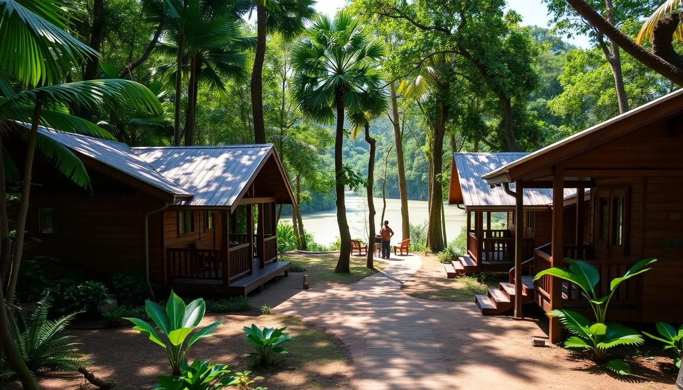 Aerial view of Sloth Island Nature Resort surrounded by the Essequibo River in Guyana