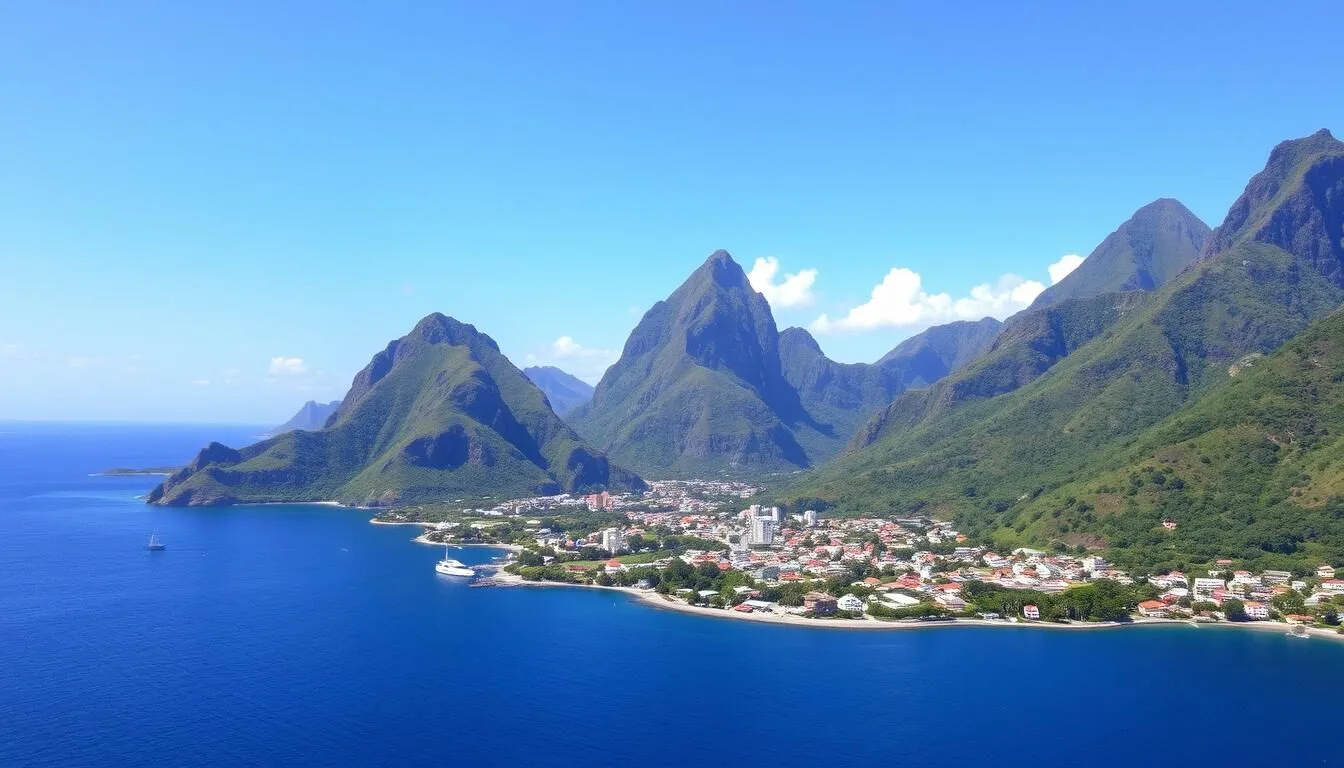 Aerial view of Soufriere St. Lucia with the Pitons mountains in the background