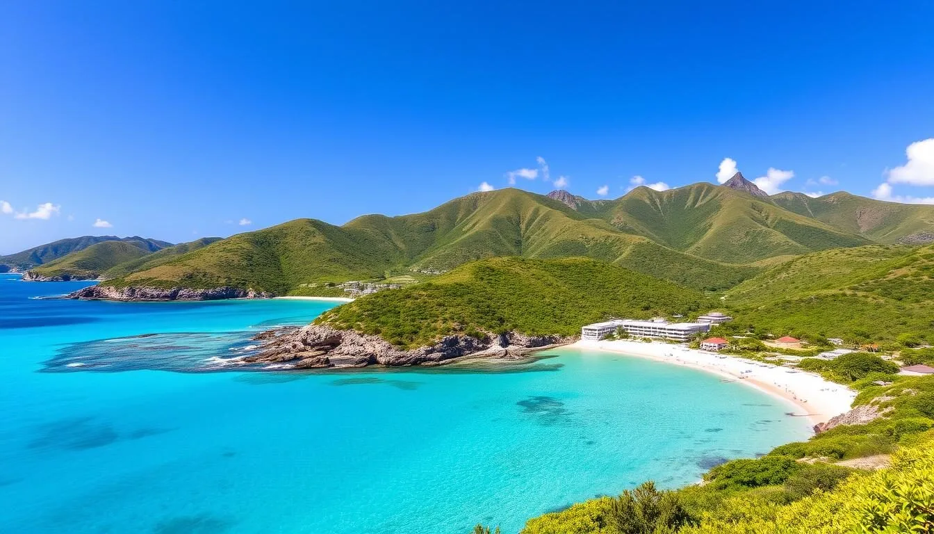 Aerial view of St. Barts island with Shell Beach visible near Gustavia harbor