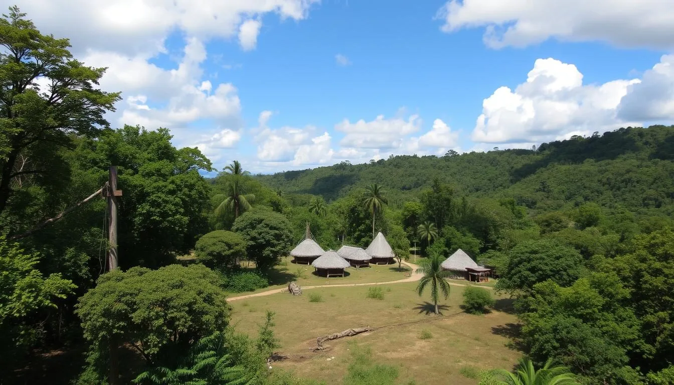 Aerial view of Surama Village surrounded by rainforest and savannah in Guyana
