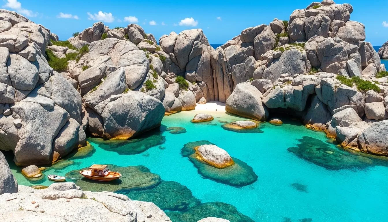 Aerial view of The Baths Virgin Gorda showing turquoise waters and massive granite boulders along the shoreline