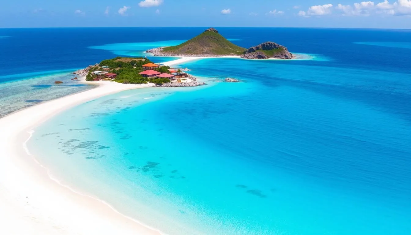 Aerial view of Tintamarre Island St Martin showing pristine white beaches and turquoise waters