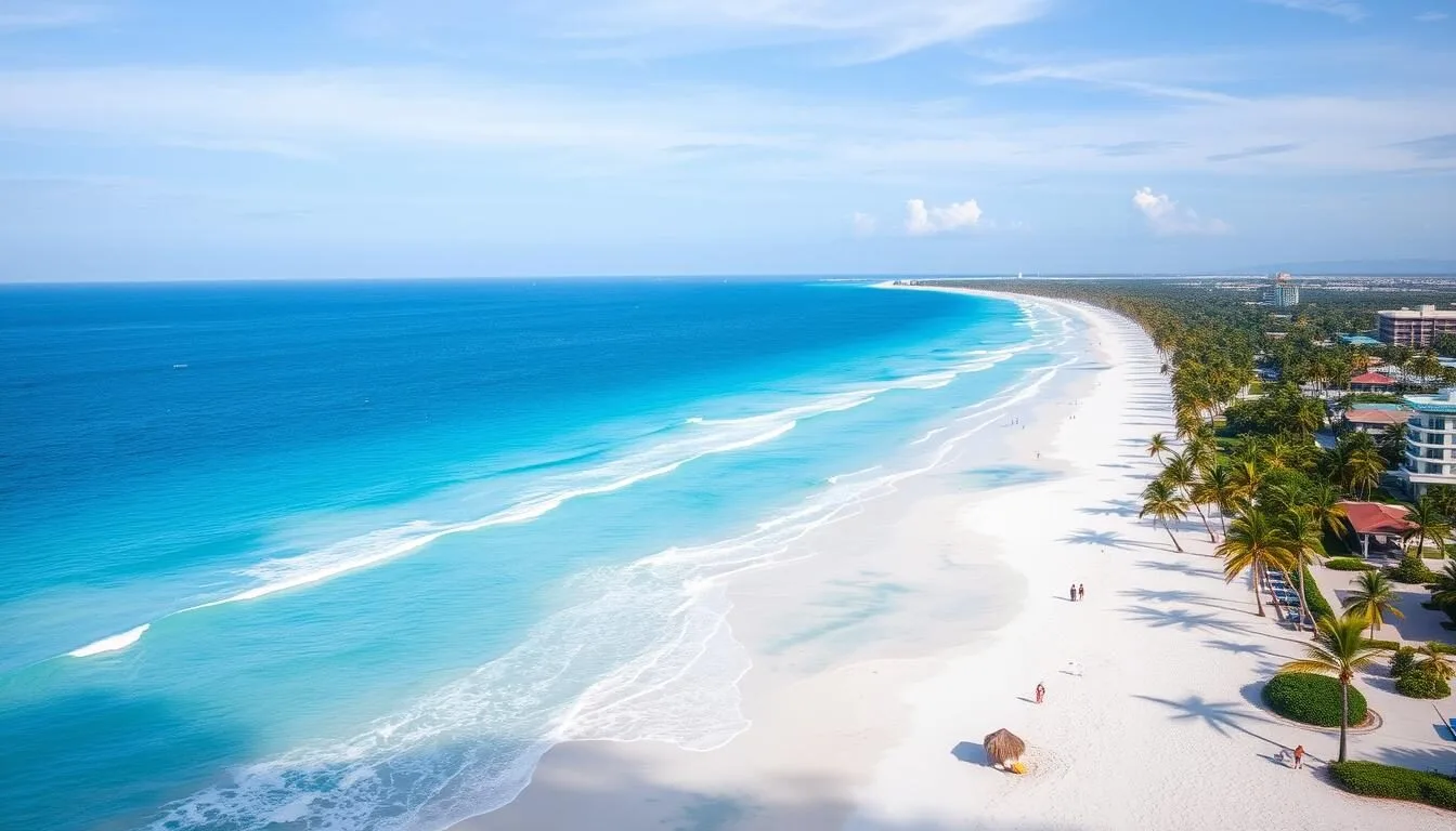 Aerial view of Varadero Beach showing the long stretch of white sand and turquoise waters