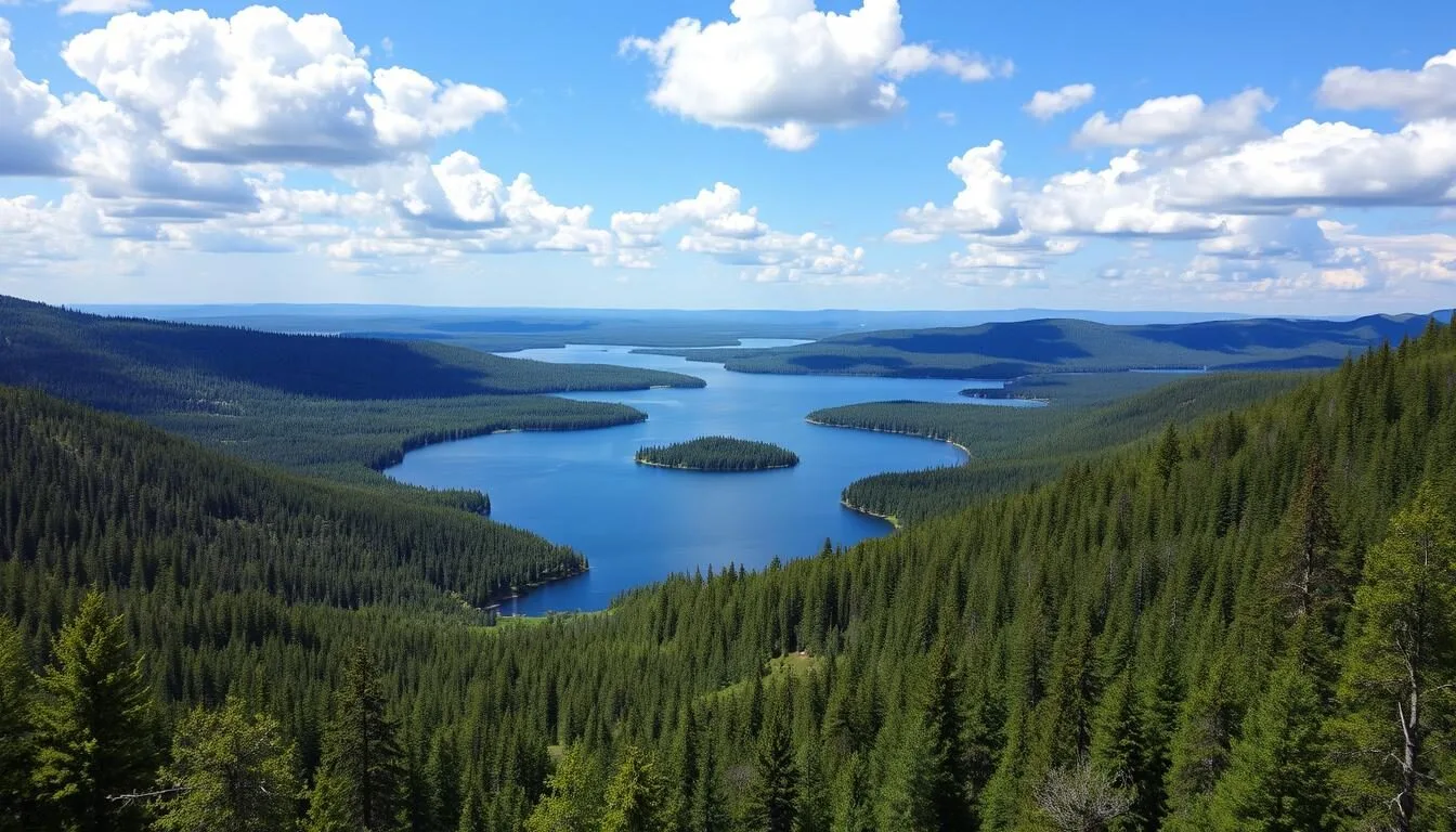 Aerial-view-of-Vodlozersky-National-Park-showing-vast-forests-and-lakes Aerial view of Vodlozersky National Park showing vast forests and lakes