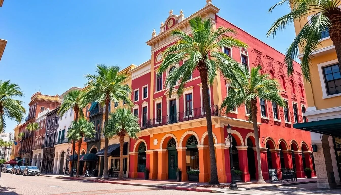 Aerial view of Ybor City historic district with brick streets and historic buildings on a sunny day