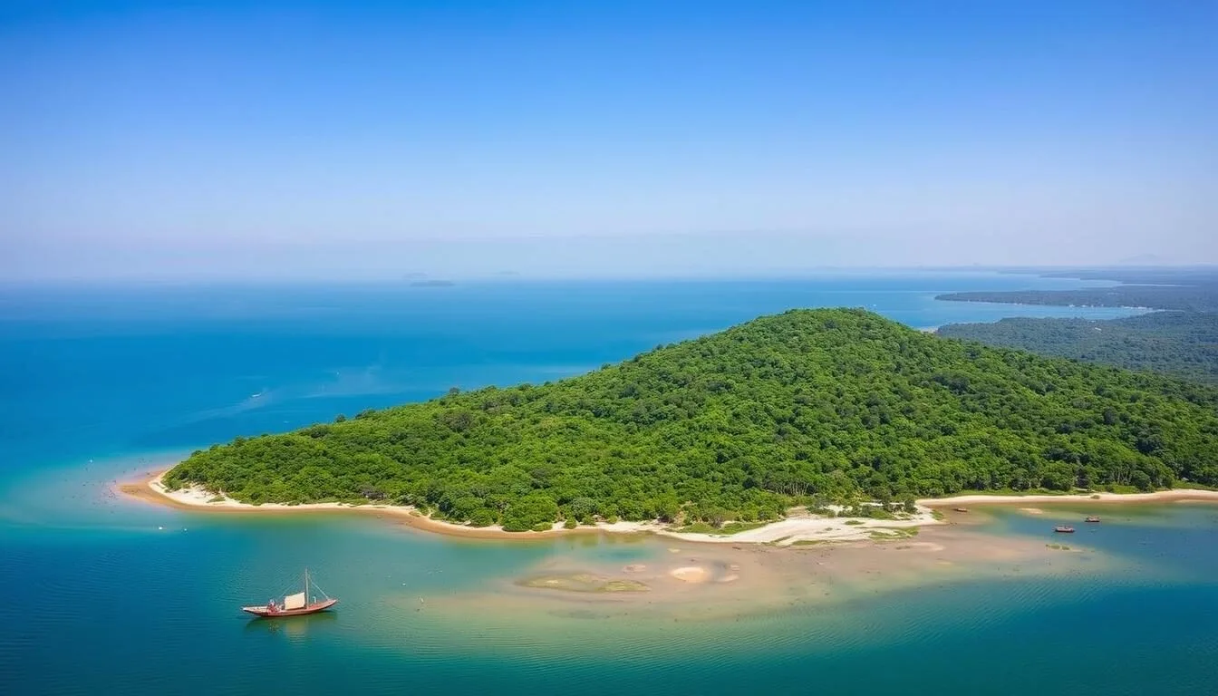 Aerial view of Zegie Peninsula jutting into Lake Tana with dense forest cover and traditional boats near the shore