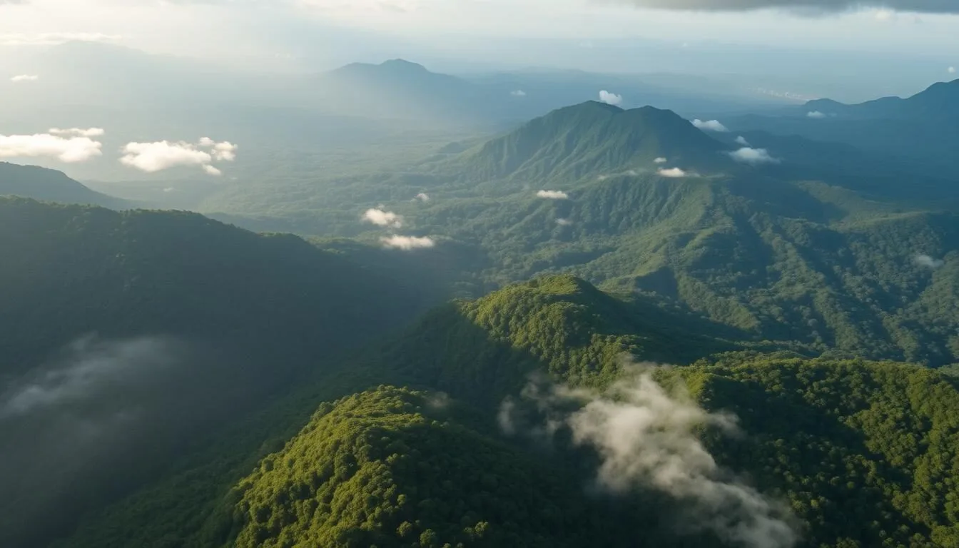 Aerial view of the Acarai Mountains in Guyana showing vast expanses of pristine rainforest