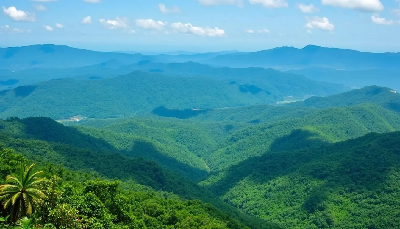 Aerial-view-of-the-Kanuku-Mountains-Protected-Area-showing-lush-green-rainforest-and-rolling Aerial view of the Kanuku Mountains Protected Area showing lush green rainforest and rolling hills in Guyana