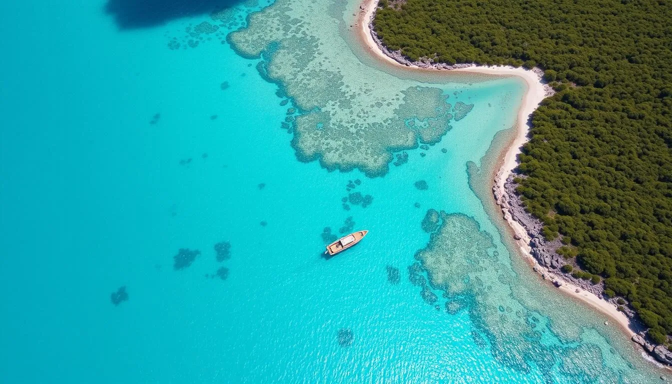 Aerial view of the Nature Reserve of Saint-Barthelemy showing crystal-clear turquoise waters and protected coastline