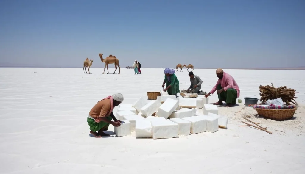 Afar salt miners working in the traditional way at Lake Assale in the Danakil Depression