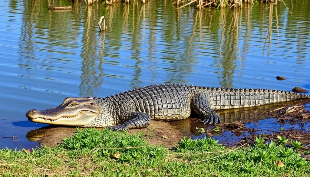 Alligator basking in the sun along the edge of a waterway at Cameron Prairie National Wildlife Refuge