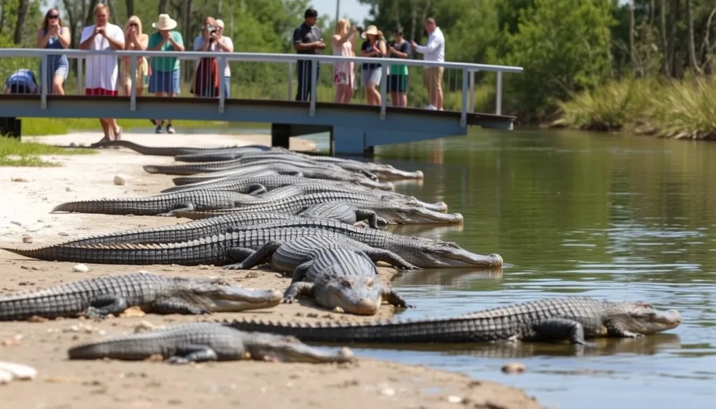 Alligators sunning themselves along the Myakka River with visitors safely observing from the bridge