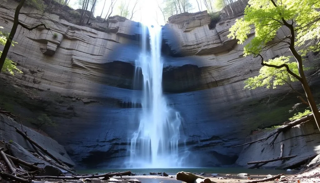 Alpha Falls at McConnells Mill State Park with water cascading down a tall cliff face surrounded by forest Alpha Falls at McConnells Mill State Park with water cascading down a tall cliff face surrounded by forest