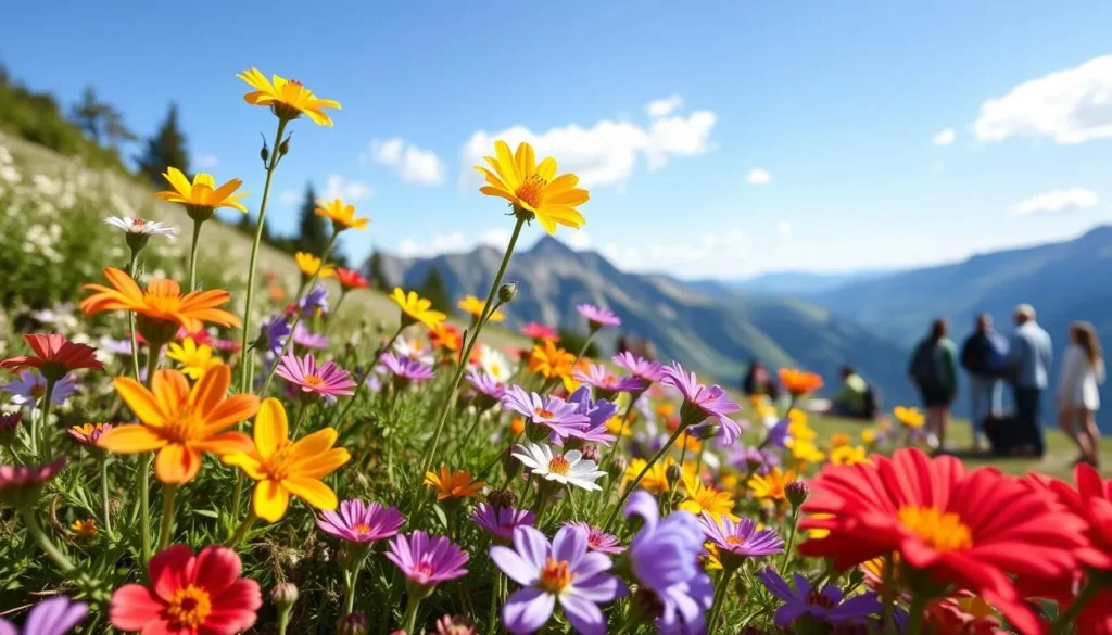 Alpine wildflowers blooming in Hartz Mountains National Park during summer with mountains in background