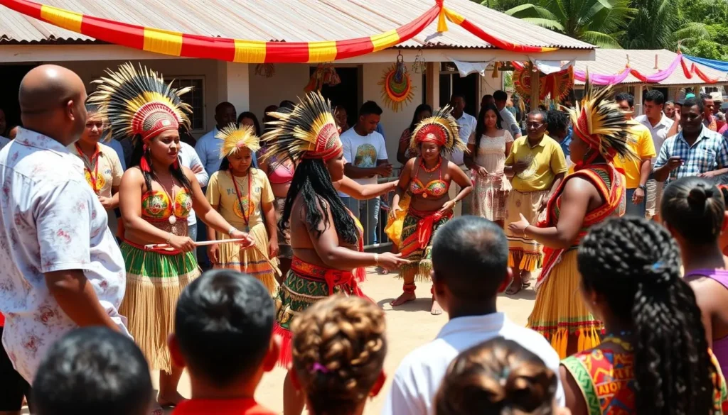 Amerindian Heritage Month celebration in Mashabo Village with traditional dancing and costumes