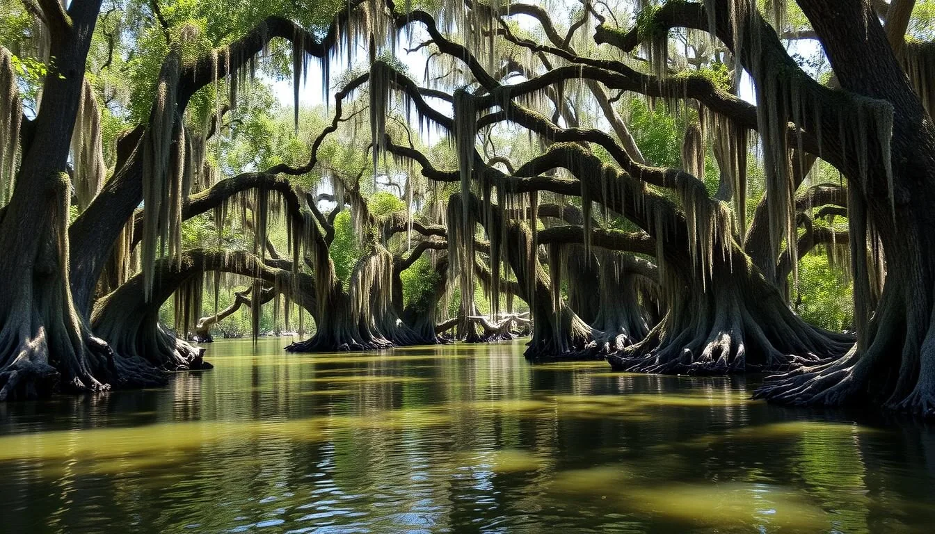 Ancient-cypress-trees-along-Bayou-Macon-Louisiana-with-Spanish-moss-hanging-from-branches Ancient cypress trees along Bayou Macon, Louisiana with Spanish moss hanging from branches