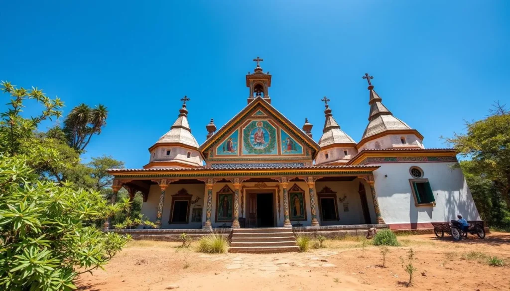 Ancient monastery on Rema Island, Ethiopia with traditional Ethiopian architecture