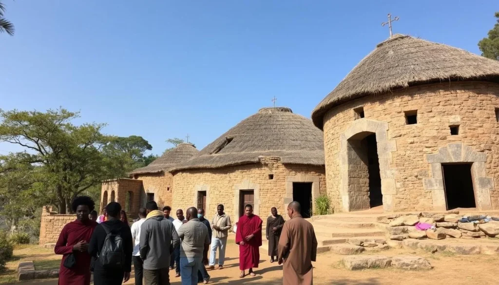 Ancient monastery on Tana Kirkos Island Ethiopia with traditional architecture
