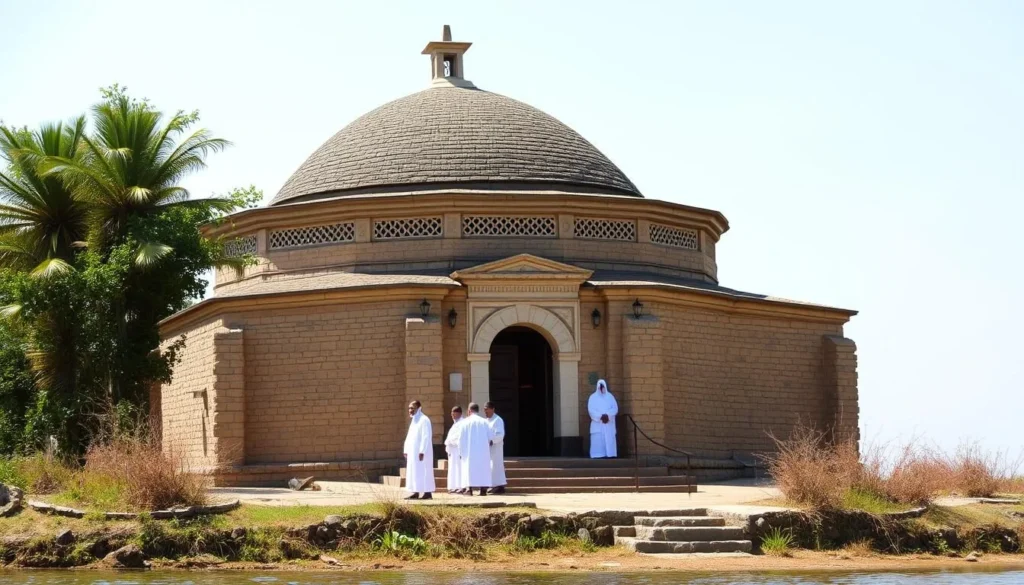 Ancient monastery on Tulu Gudo Island with traditional Ethiopian Orthodox architecture