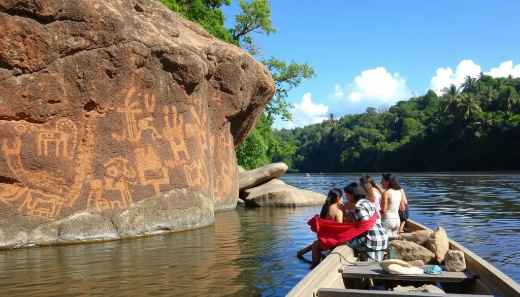 Ancient petroglyphs on rocks in the Essequibo River being viewed by tourists Ancient petroglyphs on rocks in the Essequibo River being viewed by tourists
