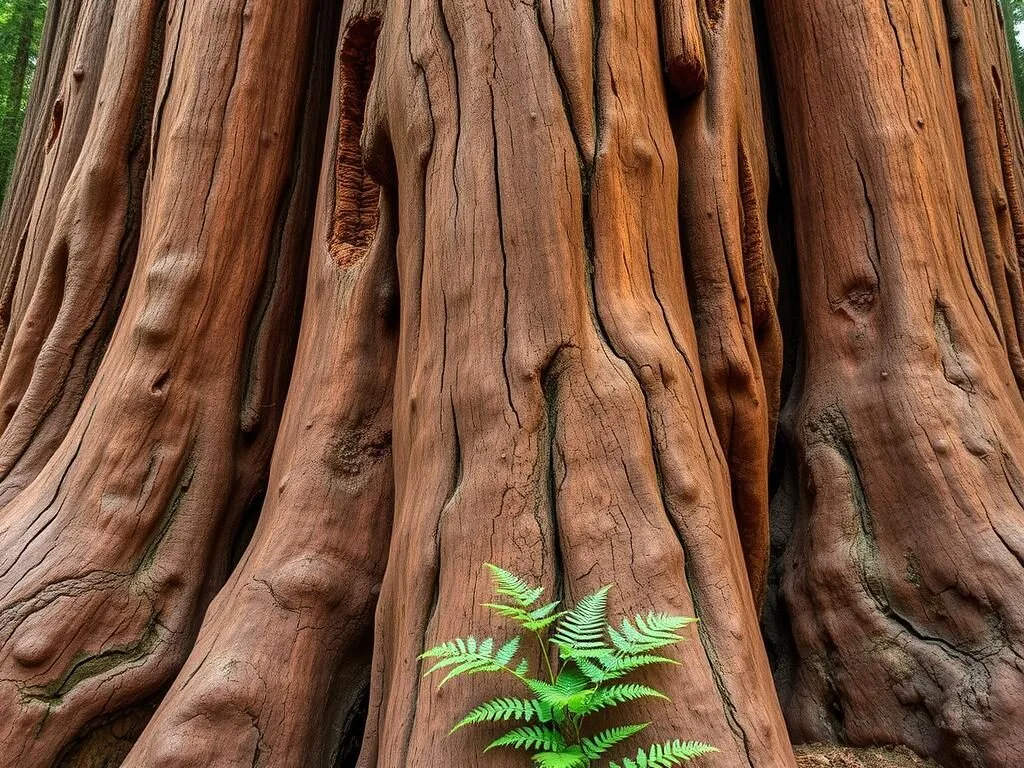 Ancient redwood tree with massive trunk showing fire scars and complex bark patterns in Montgomery Woods State Natural Reserve California Ancient redwood tree with massive trunk showing fire scars and complex bark patterns in Montgomery Woods State Natural Reserve California