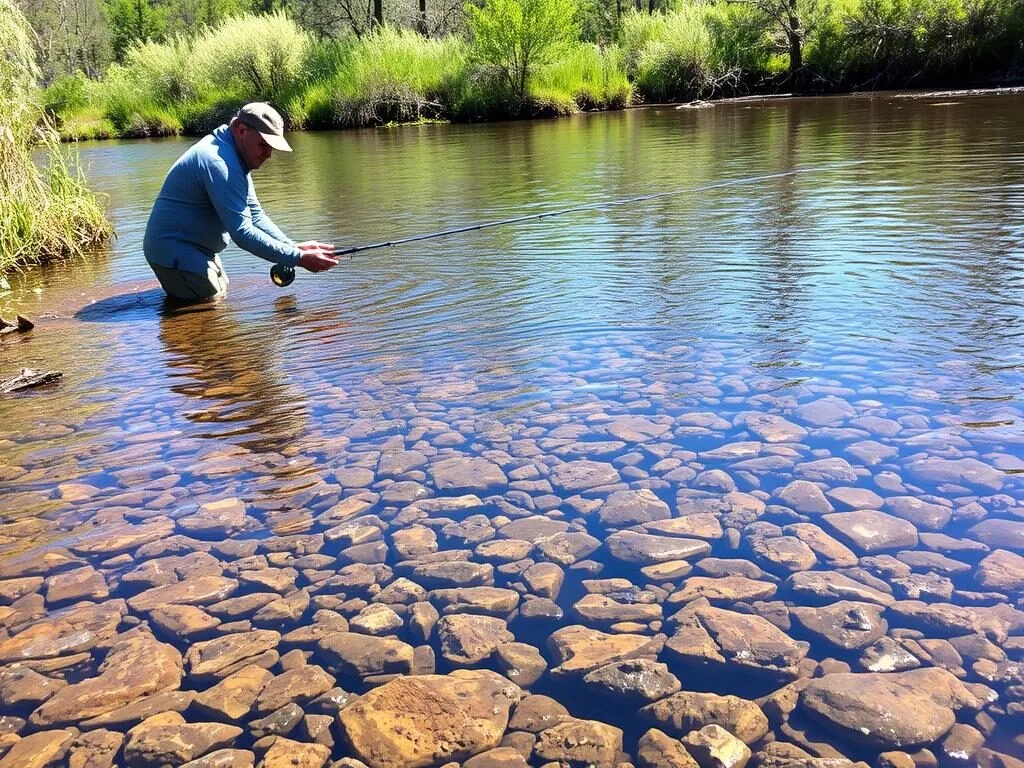Angler fishing for smallmouth bass in Franklin Creek's clear waters