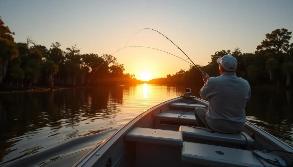 Angler fishing from a small boat on Bayou Macon Louisiana at sunset Angler fishing from a small boat on Bayou Macon Louisiana at sunset
