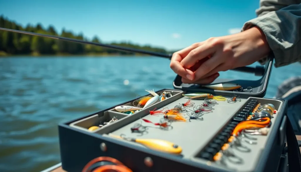 Angler preparing fishing gear at Heidecke Lake State Park Illinois with tackle box and equipment Angler preparing fishing gear at Heidecke Lake State Park Illinois with tackle box and equipment