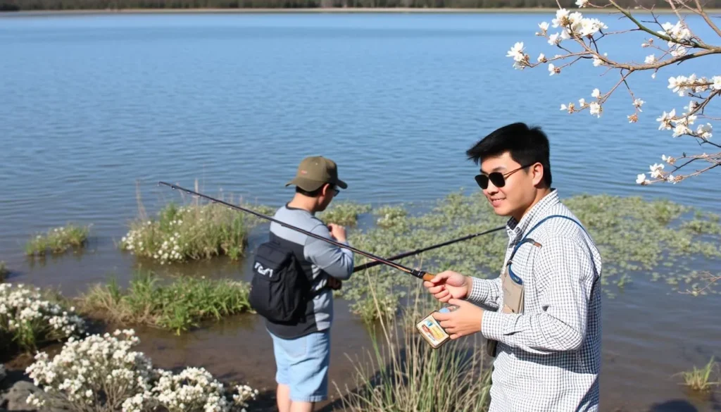 Anglers fishing at Heidecke Lake State Park Illinois during spring season with blooming vegetation around the shoreline Anglers fishing at Heidecke Lake State Park Illinois during spring season with blooming vegetation around the shoreline