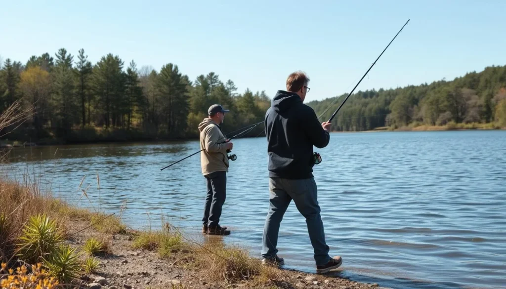 Anglers fishing at one of Burning Star State Park's lakes surrounded by natural vegetation