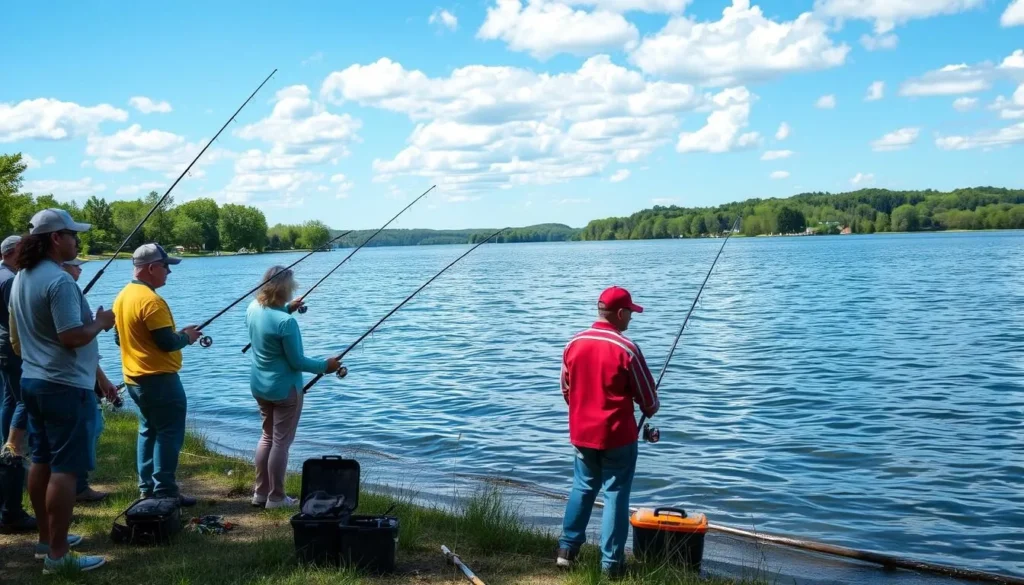 Anglers fishing from the shore of LaSalle Lake with fishing gear and the expansive lake visible Anglers fishing from the shore of LaSalle Lake with fishing gear and the expansive lake visible