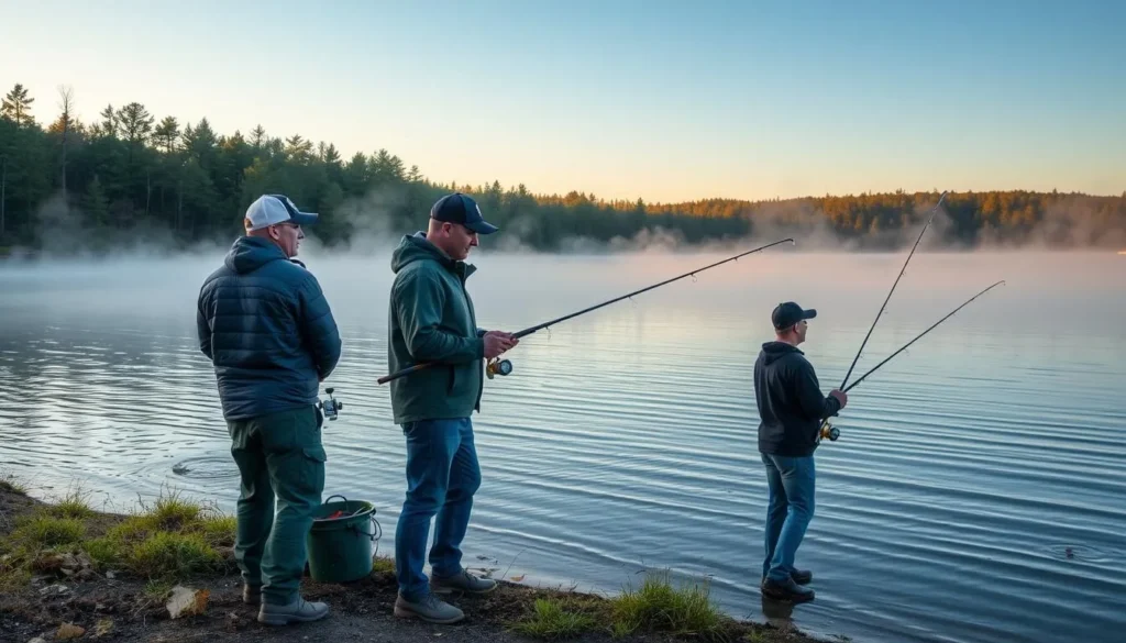 Anglers fishing from the shoreline of Lackawanna Lake on a clear morning Anglers fishing from the shoreline of Lackawanna Lake on a clear morning