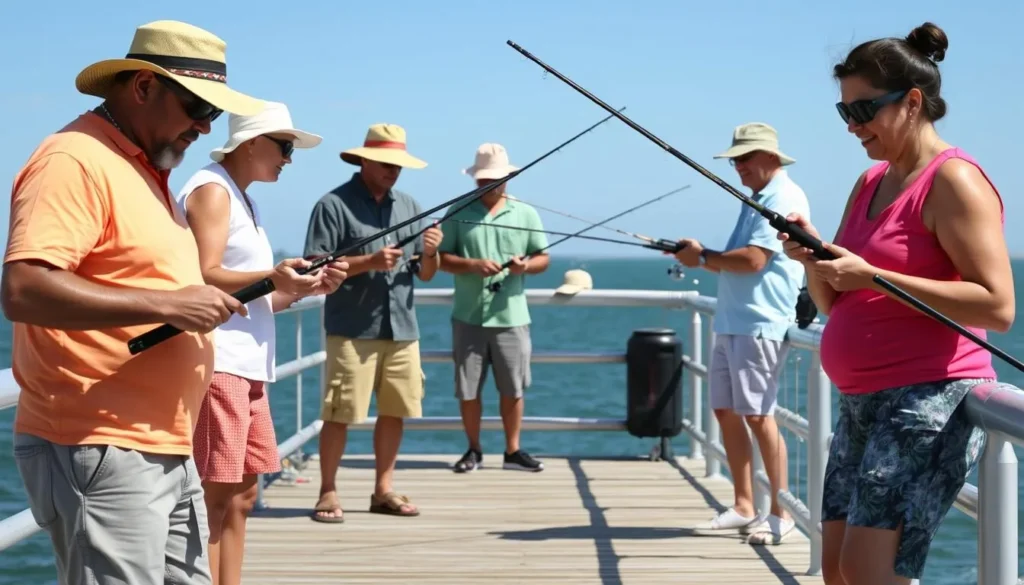 Anglers practicing safe fishing techniques at Skyway Fishing Pier State Park Florida Anglers practicing safe fishing techniques at Skyway Fishing Pier State Park Florida
