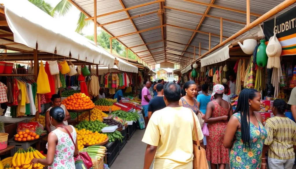 Anna Regina Market with colorful stalls selling fresh produce, crafts, and local goods