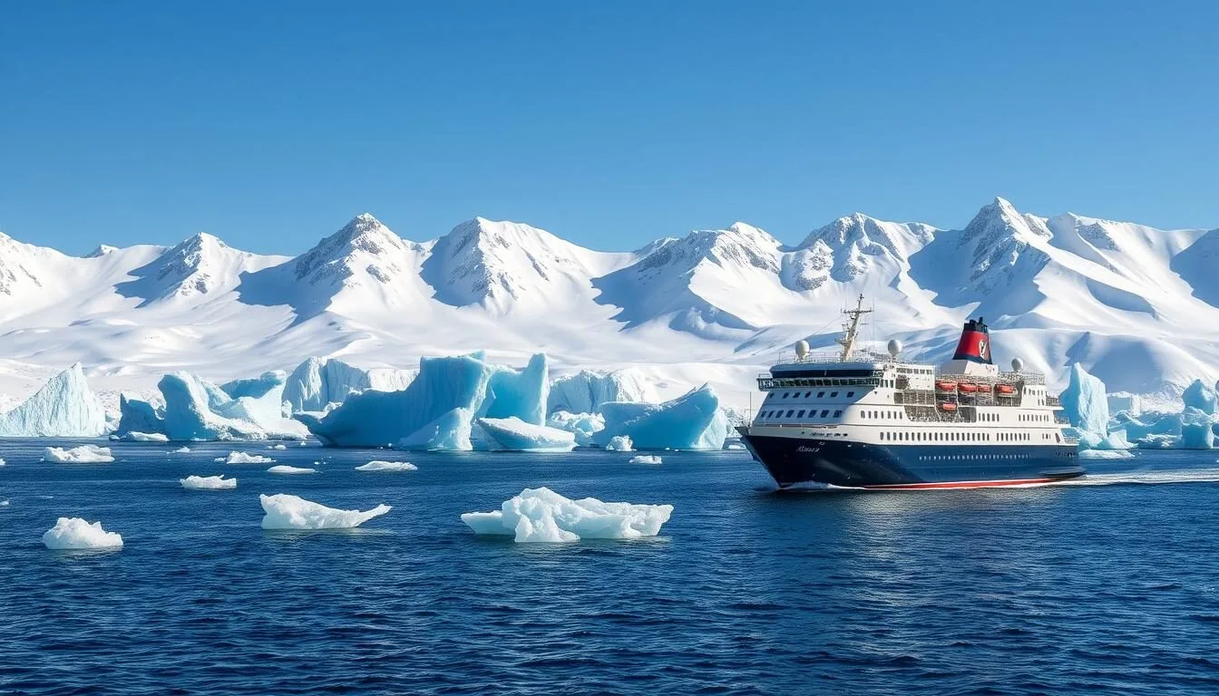 Antarctic expedition ship navigating through icy waters with mountains in background