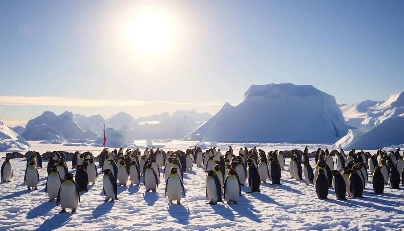 Antarctic summer landscape with penguins and icebergs under midnight sun