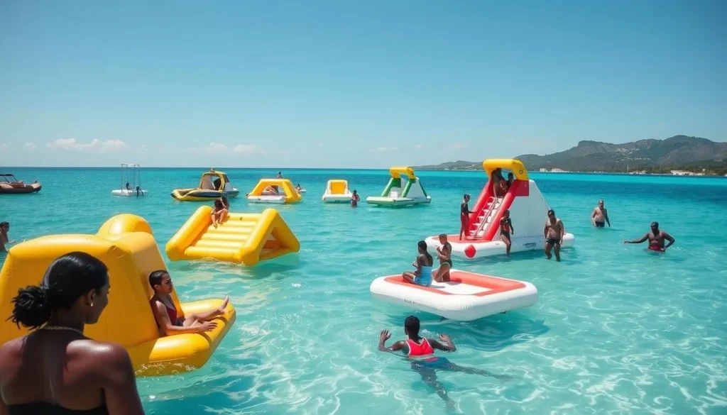 Arawak Aqua Park in Labadee with inflatable water obstacles and people enjoying water activities